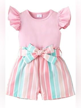 Toddler Girl Ruffle Shirt Tops + Striped Shorts Cute 2 Piece Summer Clothing Set